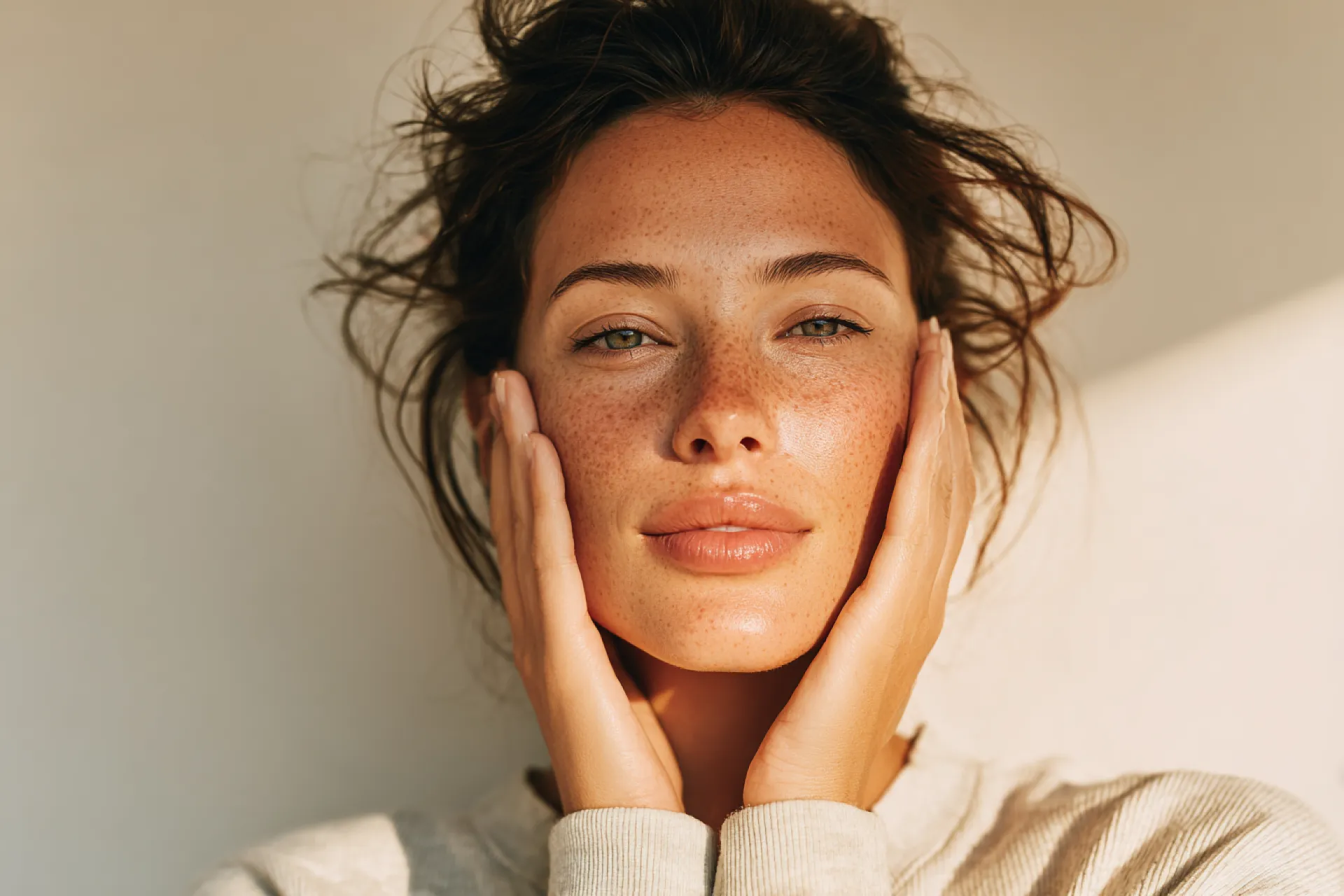 Mujer aplicando productos para el cuidado de la piel.